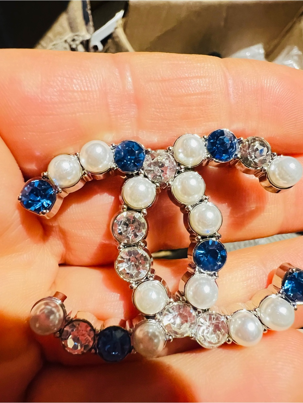 Pearl, Clear Crystal & Blue Stone Interlocking Logo Brooch unbranded fashion